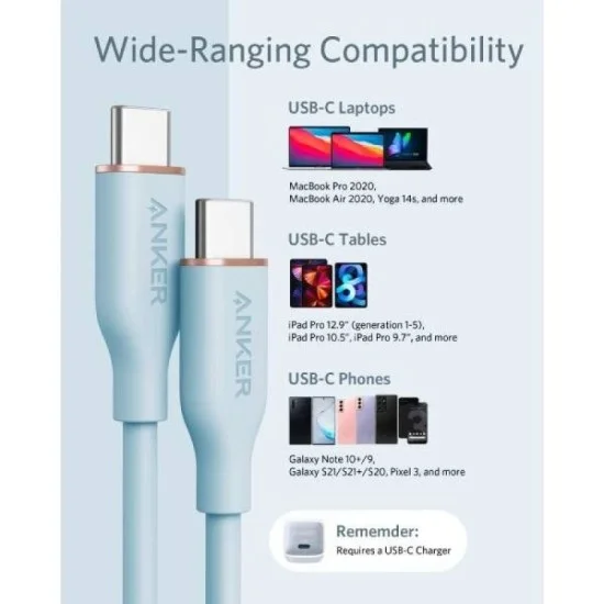 Anker Powerline Iii Flow Usb-C To Usb-C 100W (0.9M/3Ft) -Blue